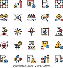 Un icono de Market Research conjunto mercado, investigación, datos, producto, objetivo ,colección. Ilustración del vector