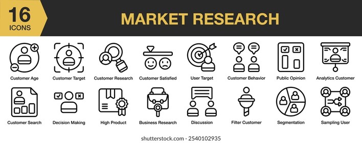 Market Research icon set. Includes analytics, business research, age, behavior, satisfied, and More. Outline icons vector collection.