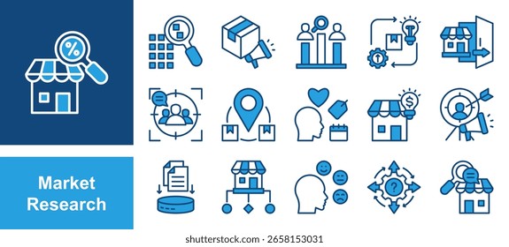 Conjunto de iconos de investigación de mercado con muestreo, conciencia de marca, análisis de la competencia, desarrollo de productos, comportamiento del consumidor, grupo focal, segmentación de mercado, recopilación de datos.