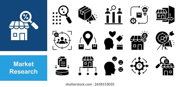 Market Research icon set with Sampling, Brand awareness, Competitor analysis, Product development, Consumer behavior, Focus group, Market segmentation, Data collection.