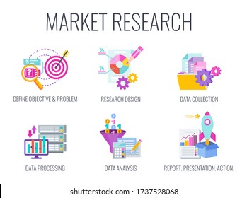 Market Research Icons. Marketing Infographics. Define Objective And Problem. Research Design And Report. Call To Action. Data Collection And Data Processing. Data Analysis. Flat Vector Illustration