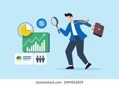 Market research, identifying emerging trends and opportunities, competitive analysis strategy, business intelligence concept vector illustration. Analyst studying reports and graphs