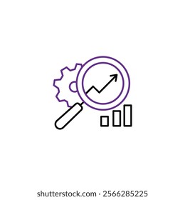Market research line icon. Attentively examines through magnifying glass how pointers grow, market, get opinions and feedback. Analysis concept. 