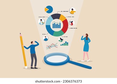 Market research, marketing or advertising survey to launch product, competitors research or social media report marketing report concept, business people look at magnify market data chart and graph.