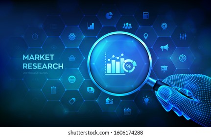 Market Research. Marketing Strategy Concept With Magnifier In Wireframe Hand And Icons. Magnifying Glass And Data Analysis Infographic. Business Technology Internet Concept. Vector Illustration.