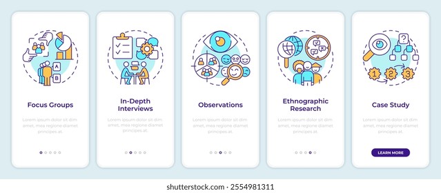 Market research methods types onboarding mobile app screen. Walkthrough 5 steps editable graphic instructions with linear concepts. UI, UX, GUI template