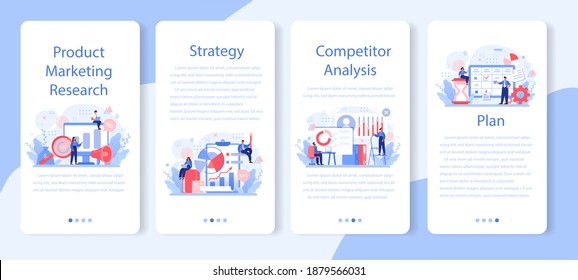 Market research mobile application banner set. Business research for new product development. Market data statistics analysis and product advertising. Isolated flat vector illustration