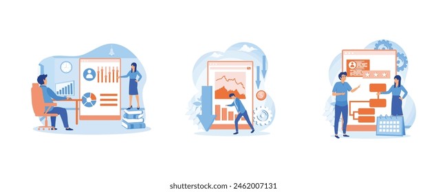 Market research online service or platform. Decline stage online service or platform. Competitor analysis online service or platform. Set flat vector modern illustration 