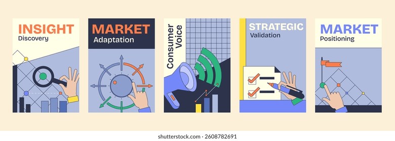 Market research poster with hands, graphs, and megaphone symbolizes strategic insights. Neubrutalism style.