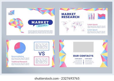 Market research presentation templates set. Business strategy. Industry analysis. Company development. Ready made PPT slides on white background. Graphic design. Kanit, Arial fonts used