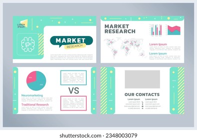 Market research presentation templates set. Business management. Corporate finance. Competitive analysis. Ready made PPT slides on white background. Graphic design. Kanit, Arial fonts used