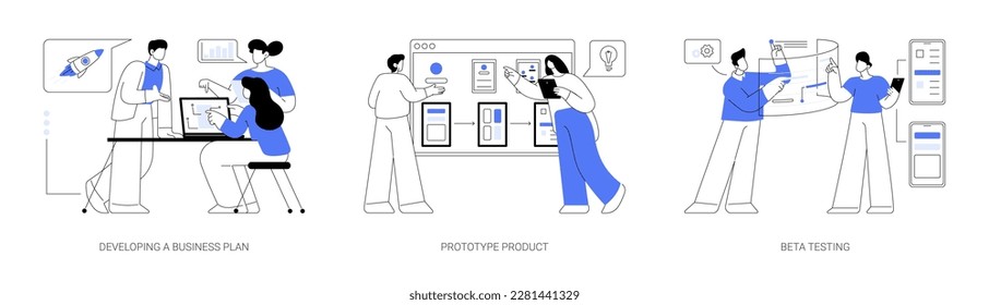 Market research for startup abstract concept vector illustration set. Developing a business plan, prototype product, beta testing, launching product process, branding and release abstract metaphor.