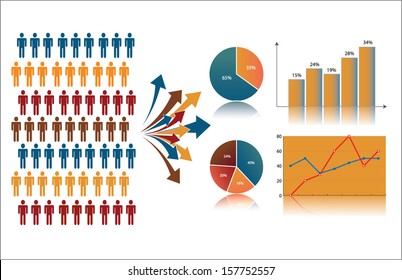 Market research and statistics, symbolized by population (or consumers) described through charts 