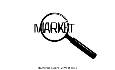 Market research symbol, magnifying glass with word market, black isolated silhouette