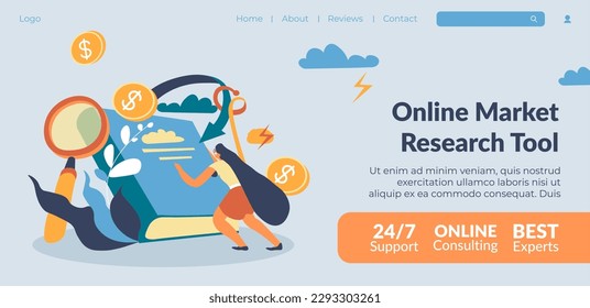 Market research tool for your business, online instrument for targeting advertising and attracting more clients. Best experts. Website landing page template, internet site. Vector in flat style
