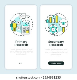 Market research types onboarding mobile app screen. Walkthrough 2 steps editable graphic instructions with linear concepts. UI, UX, GUI template