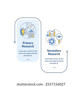 Market research types rectangle infographic vector. Interview questionnaire, statistics. Data visualization with 2 steps. Editable rectangular options chart