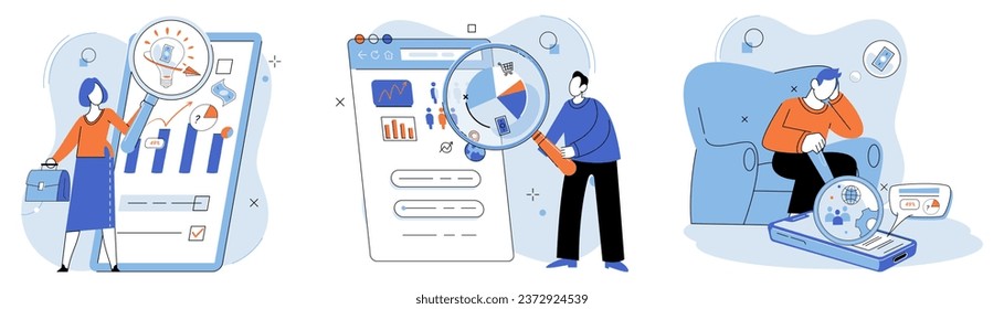 Market research. Vector illustration. E-commerce has transformed landscape market research Presenting market research findings in visually appealing manner enhances comprehension Strategic planning