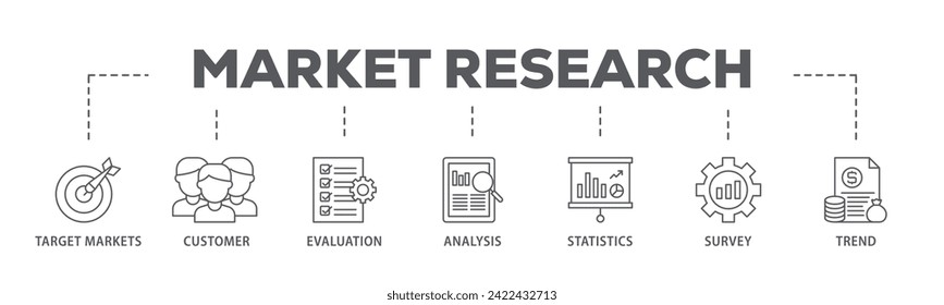 Market research web banner icon vector illustration concept consists of target markets, customer, evaluation, analysis, statistics, survey and trend icon live stroke and easy to edit