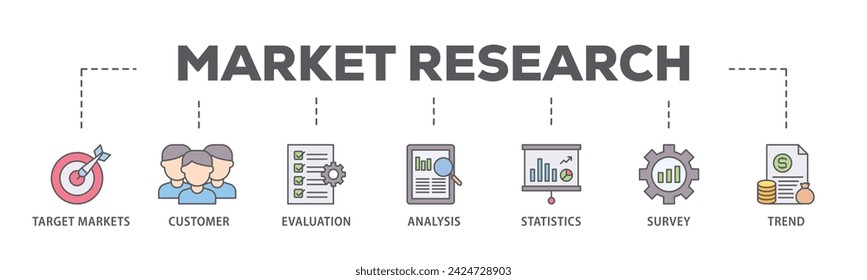 Market research web banner icon vector illustration concept consists of target markets, customer, evaluation, analysis, statistics, survey and trend icon live stroke and easy to edit