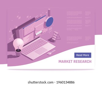 Market research web banner with laptop key magnifying glass light bulb envelope with password isometric icons vector illustration