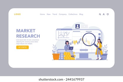 Market Research web or landing page. Dedicated professionals using analytics to decipher market trends for strategic business planning. Vector illustration.