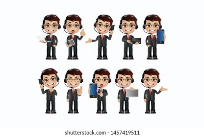 Market researcher with different poses. vector