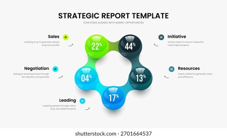 Revisão de mercado Cinco opções de design de apresentação de gráfico. Publicidade Solução 5 Elemento Infográfico Slideshow Layout. Ilustração de vetor de modelo de slide de lançamento profissional.