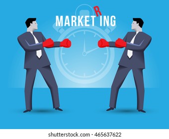Market ring business concept. Two businessmen standing against each other, wearing boxer gloves and ready to fight. Time is ticking and fight will begin shortly on MARKET RING.