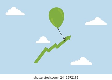 Market rising up,  balloon tied to ascending green graph flying high in the sky.