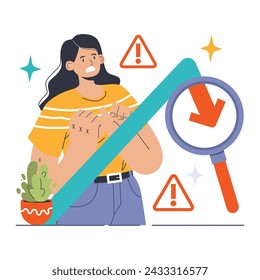 Market Risk concept. An apprehensive investor considers potential financial downturns, highlighted by warning signs and a downward trend. Risk assessment in investment. Flat vector illustratio