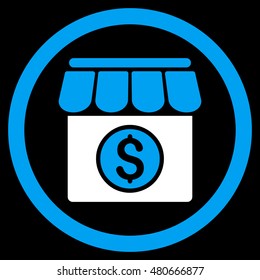 Market rounded icon. Vector illustration style is flat iconic bicolor symbol, blue and white colors, black background.