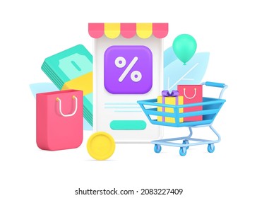 Market sale discount menu with paper shopping bag, trolley, gift box, present and cash money dollar stack 3d template isometric vector illustration. Shopping black friday with air balloons isolated