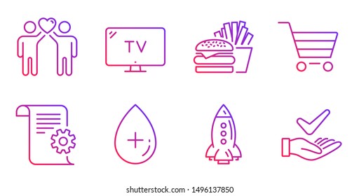 Market sale, Friends couple and Oil serum line icons set. Tv, Burger and Rocket signs. Technical documentation, Dermatologically tested symbols. Customer buying, Friendship. Business set. Vector