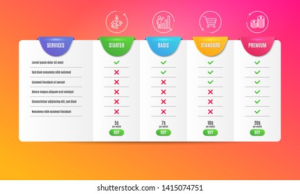Market sale, Graph chart and Block diagram icons simple set. Comparison table. Currency sign. Customer buying, Growth report, Algorithm path. Euro and usd. Finance set. Pricing plan. Vector