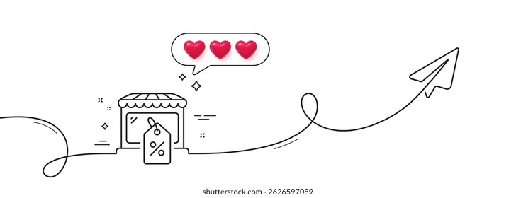Market sale line icon. Continuous line with share plane. Wholesale store sign. Marketplace discounts symbol. Hearts rate review in speech bubble. Market sale single line ribbon. Vector