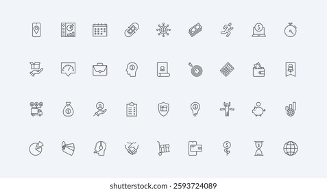 Market sales and finance, currency trade thin black outline symbols vector illustration. Financial profit and economy growth, business budget check, graph report documents line icon set