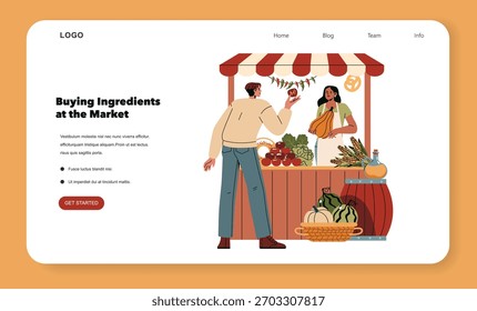 Ilustração vetorial da cena do mercado apresentando uma pessoa comprando produtos frescos de um fornecedor. O foco é a interação entre comprador e vendedor, destacando a cultura de mercado local.