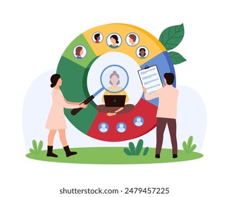 Market segment and focus group of audience analysis. Tiny people research profile of potential client with magnifier, divide consumers on different category in pie chart cartoon vector illustration