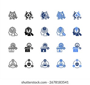 Segmento de mercado, Mercado-alvo, Comportamento do cliente, Comportamento do consumidor, conjunto de ícones de vários estilos.