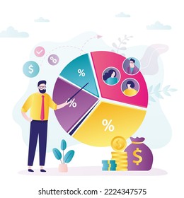 Market segmentation, advertising, target market, target group, target customer concept. Businessman and focus group with people characters. Business discussion and feedbacks. Market research method.