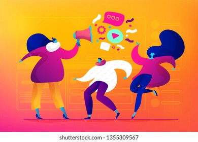 Market segmentation and adverts, target market and customer concept. Vector isolated concept illustration. Small heads and huge legs people. Hero image for website.