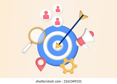 Market segmentation, adverts, target market, target group, target customer, audience outreach concept. Customer attraction campaign, accurate promo, advertising business. 3d web vector illustration.