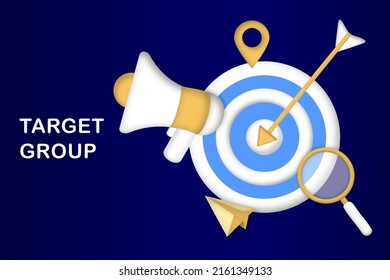 Market segmentation, adverts, target market, target group, target customer, audience outreach concept. Customer attraction campaign, accurate promo, advertising business. 3d web vector illustration.