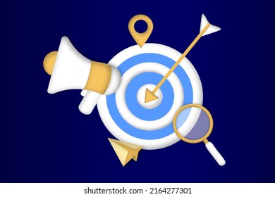 segmentación del mercado, anuncios, mercado de destino, grupo de destino, cliente de destino, concepto de divulgación de audiencia. Campaña de atracción del cliente, promoción precisa, negocio de publicidad. Ilustración vectorial web 3d.
