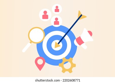 Market segmentation, adverts, target market, target group, target customer, audience outreach concept. Customer attraction campaign, accurate promo, advertising business. Flat web vector illustration.