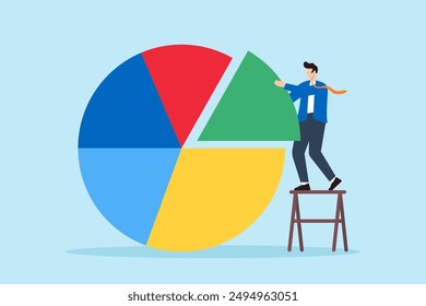 Análisis de segmentación de mercado, visualización de datos, estrategia de negocios colaborativa, Ilustración vectorial de conceptos. Hombre de negocios que monta el gráfico del pastel gigante