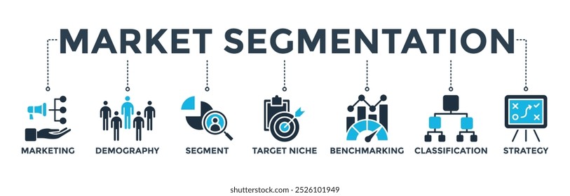 Concepto de Anuncio de segmentación de mercado con ícono de marketing, demografía, segmento, nicho objetivo, benchmarking, clasificación, estrategia. Ilustración vectorial de icono de Web
