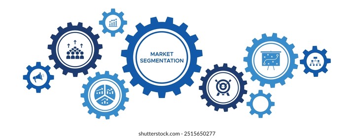 Conceito de vetor de banner de segmentação de mercado com ícones para demografia, nicho de destino, classificação e estratégia de marketing