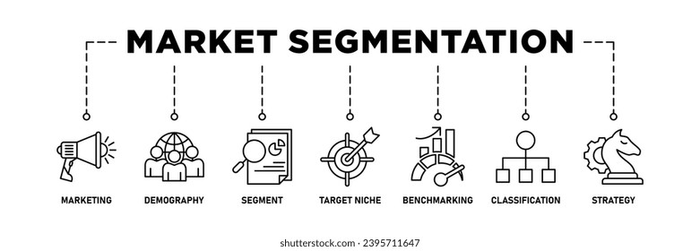 Banner de segmentación de mercado icono web conjunto de iconos de ilustración vectorial con icono de marketing, demografía, segmento, nicho de destino, análisis comparativo, clasificación, estrategia